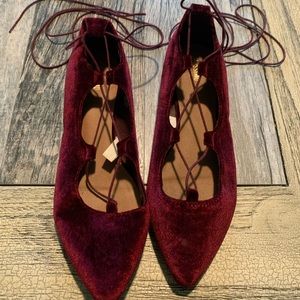 Burgundy velvet lace up ballet flats